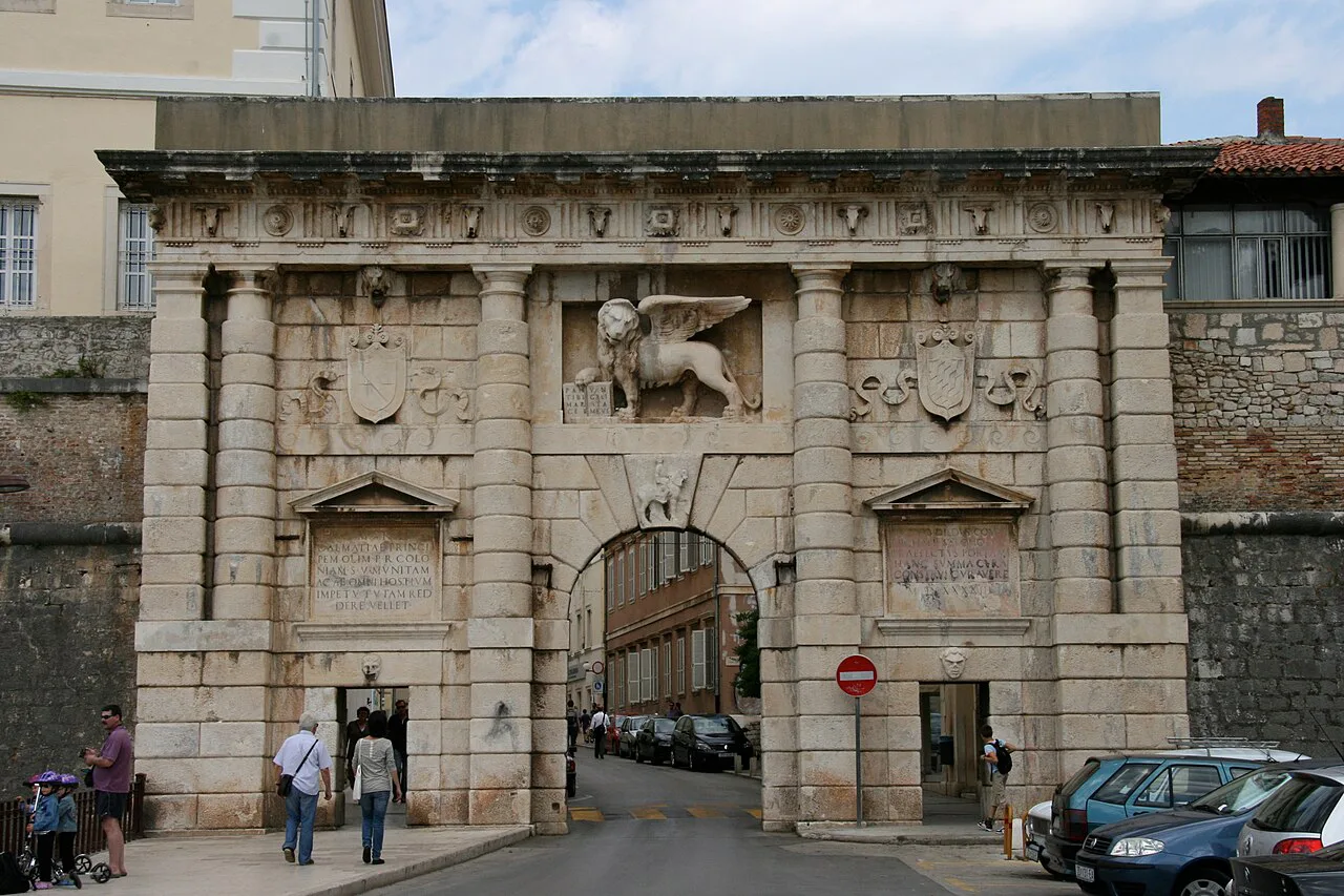 The Land Gate, a Venetian stone gateway with a winged lion, in Zadar