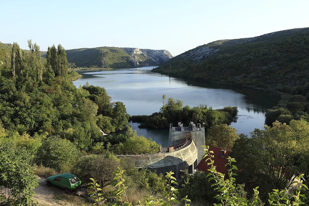 Visovac lake stretching south from above the Roški slap barrier in Krka National Park