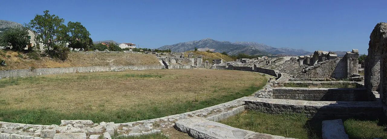 Panoramic view of the Roman amphitheatre remains at Salona in Solin, Dalmatia