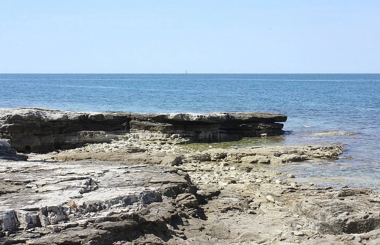 Flat limestone rocks along the shoreline at Savudrija near Umag, Istria