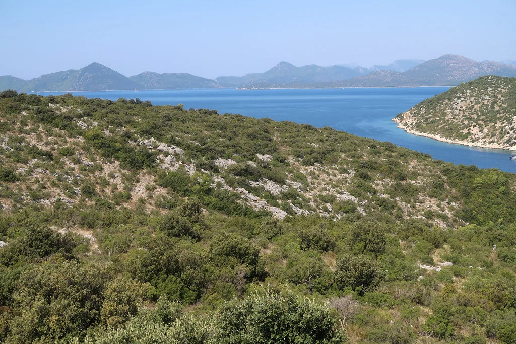 View across the sea towards Šipan island from the coast near Slano, Southern Dalmatia