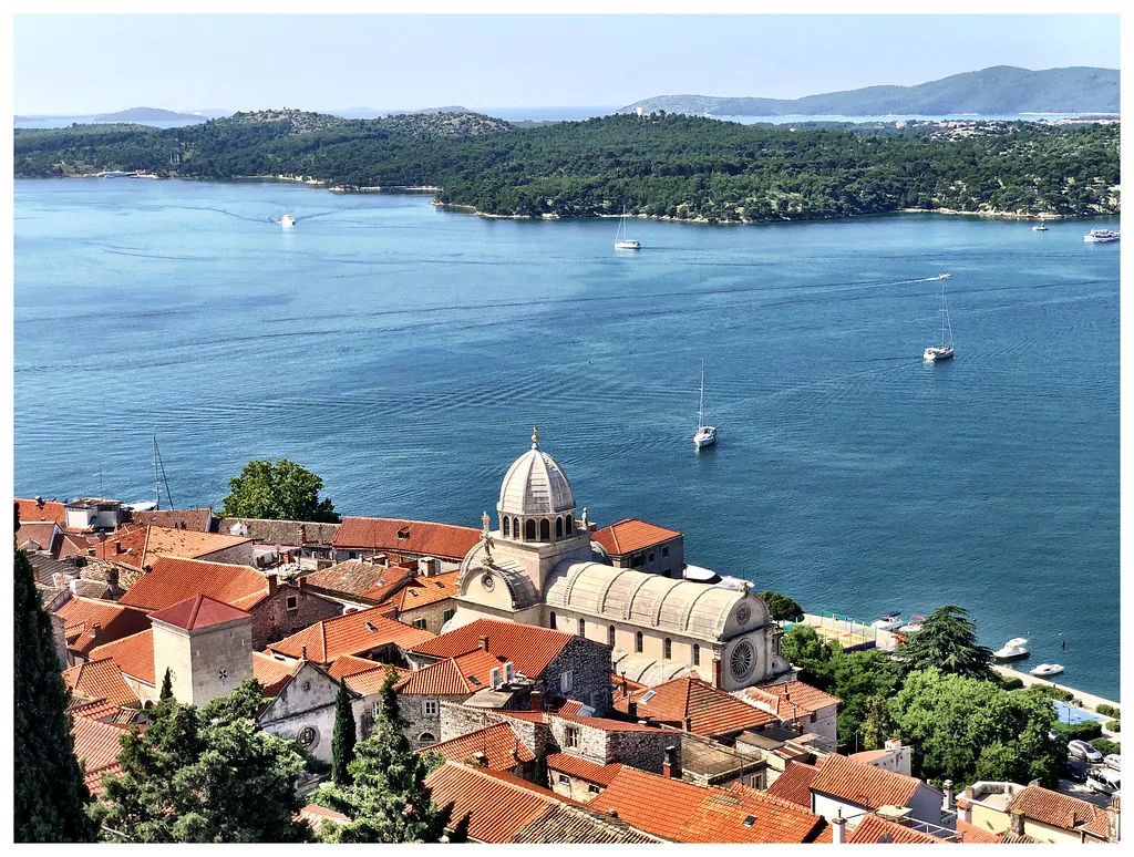 Šibenik Cathedral and the old town rooftops seen from St Michael's Fortress