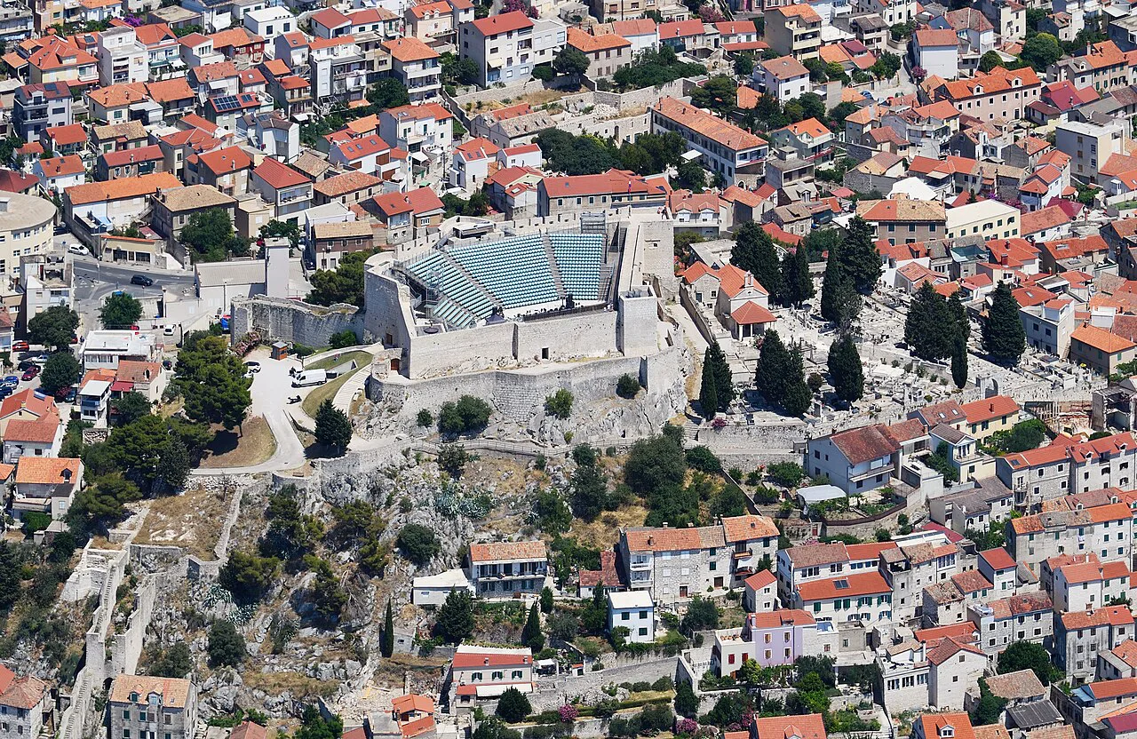 Aerial view of St Michael's Fortress above the rooftops of Šibenik