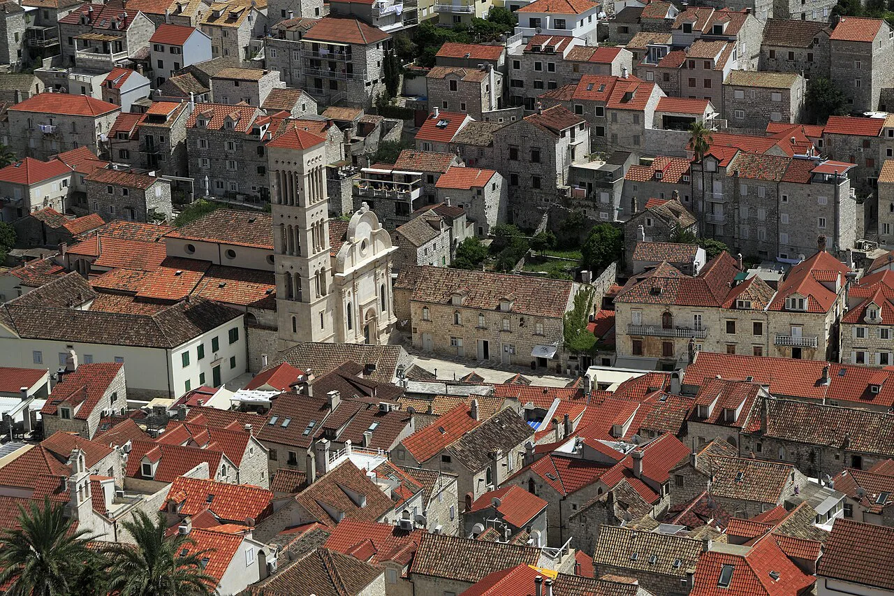 Rooftops of Hvar Town and the bell tower of St Stephen's Cathedral seen from above