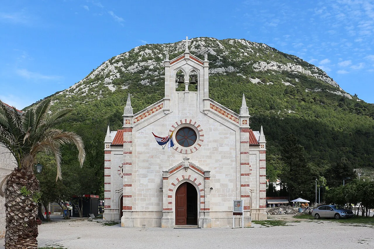 St Blaise Church in Ston with a rocky hill behind it, Southern Dalmatia