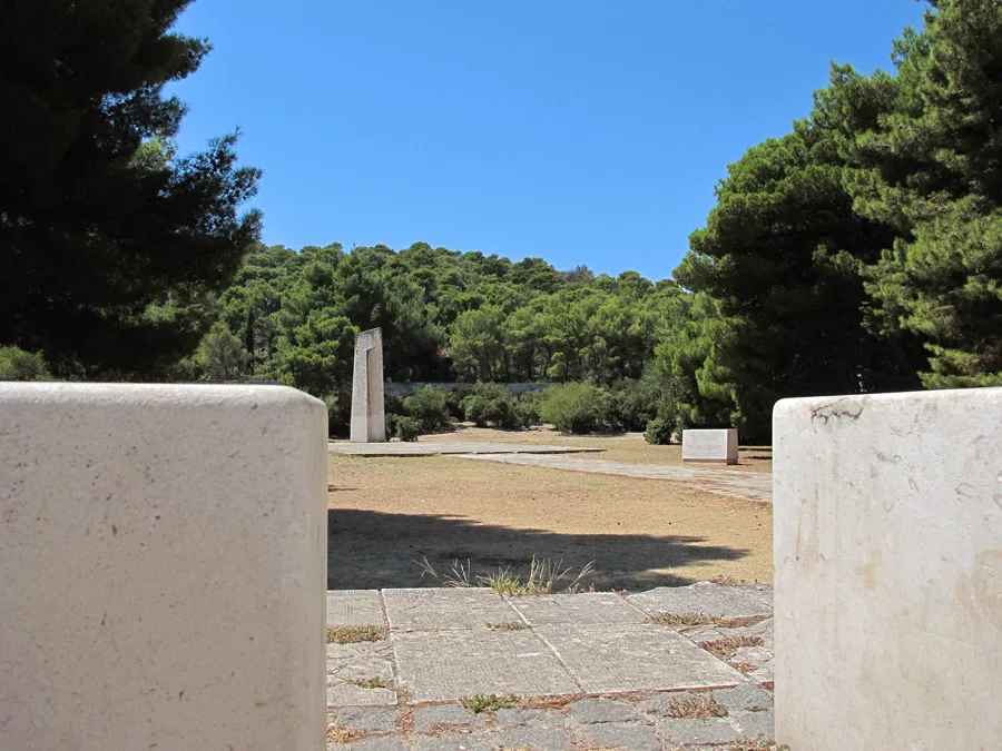 Paved paths and stone monuments in Šubićevac Memorial Park, Šibenik