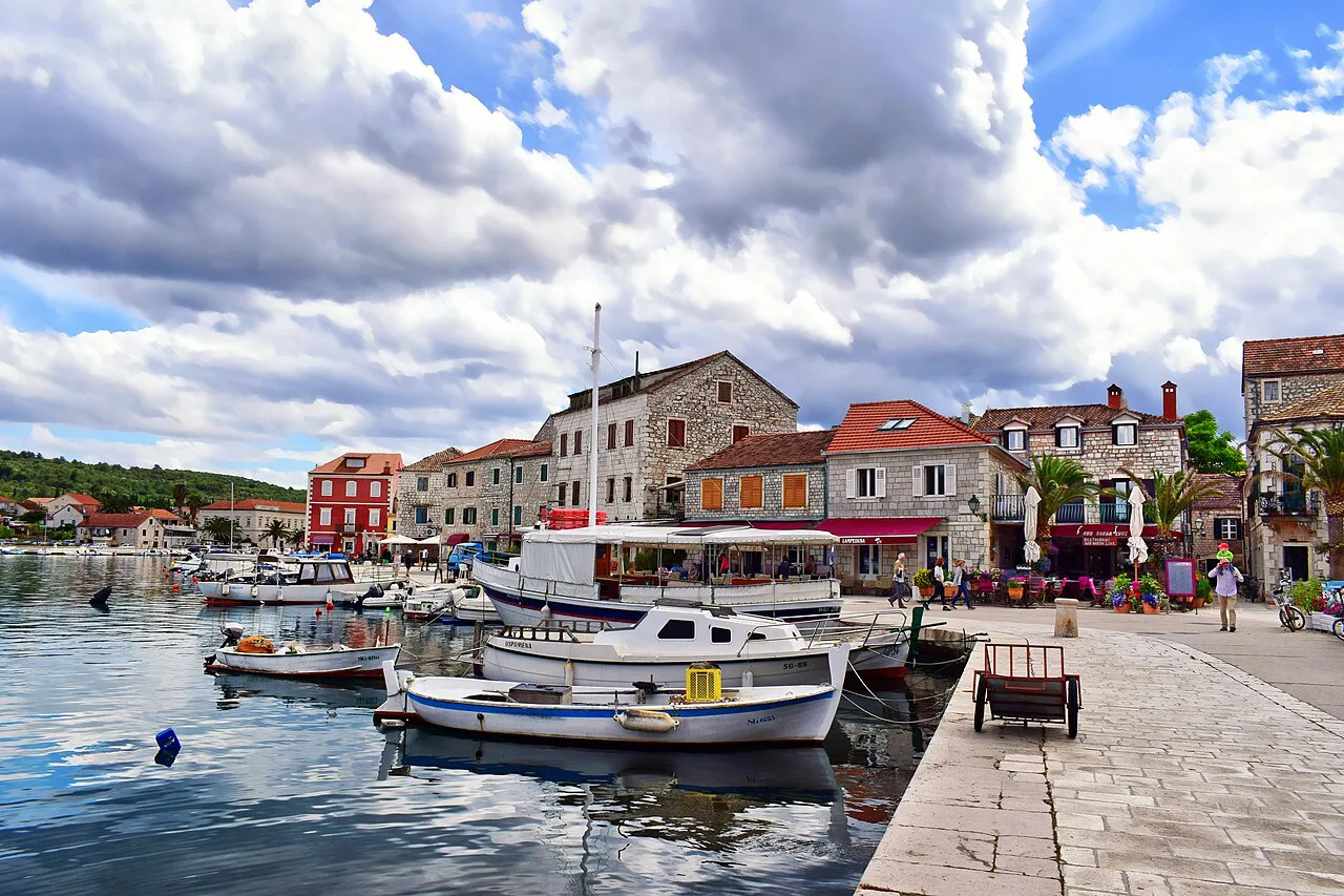 Boats moored along the harbour quay in Stari Grad on Hvar island.