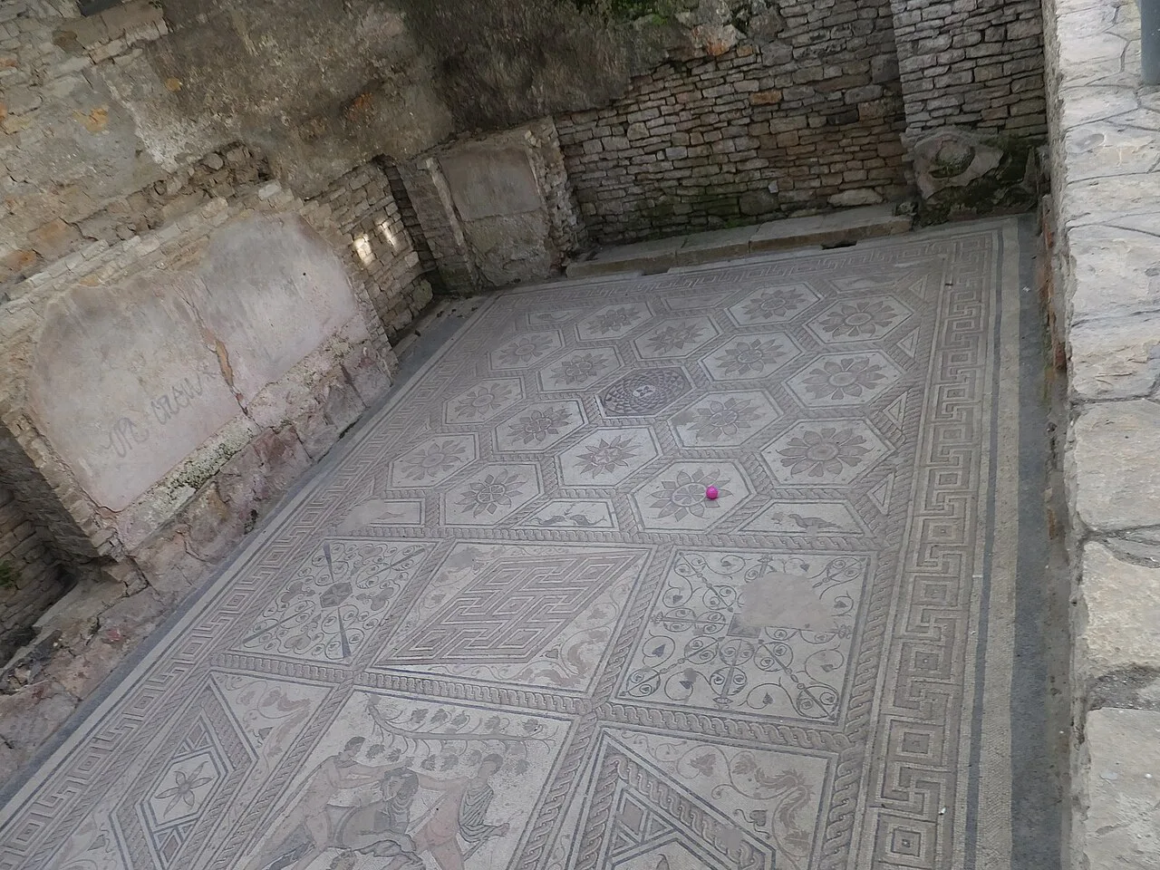 A Roman floor mosaic preserved in the old town of Pula.