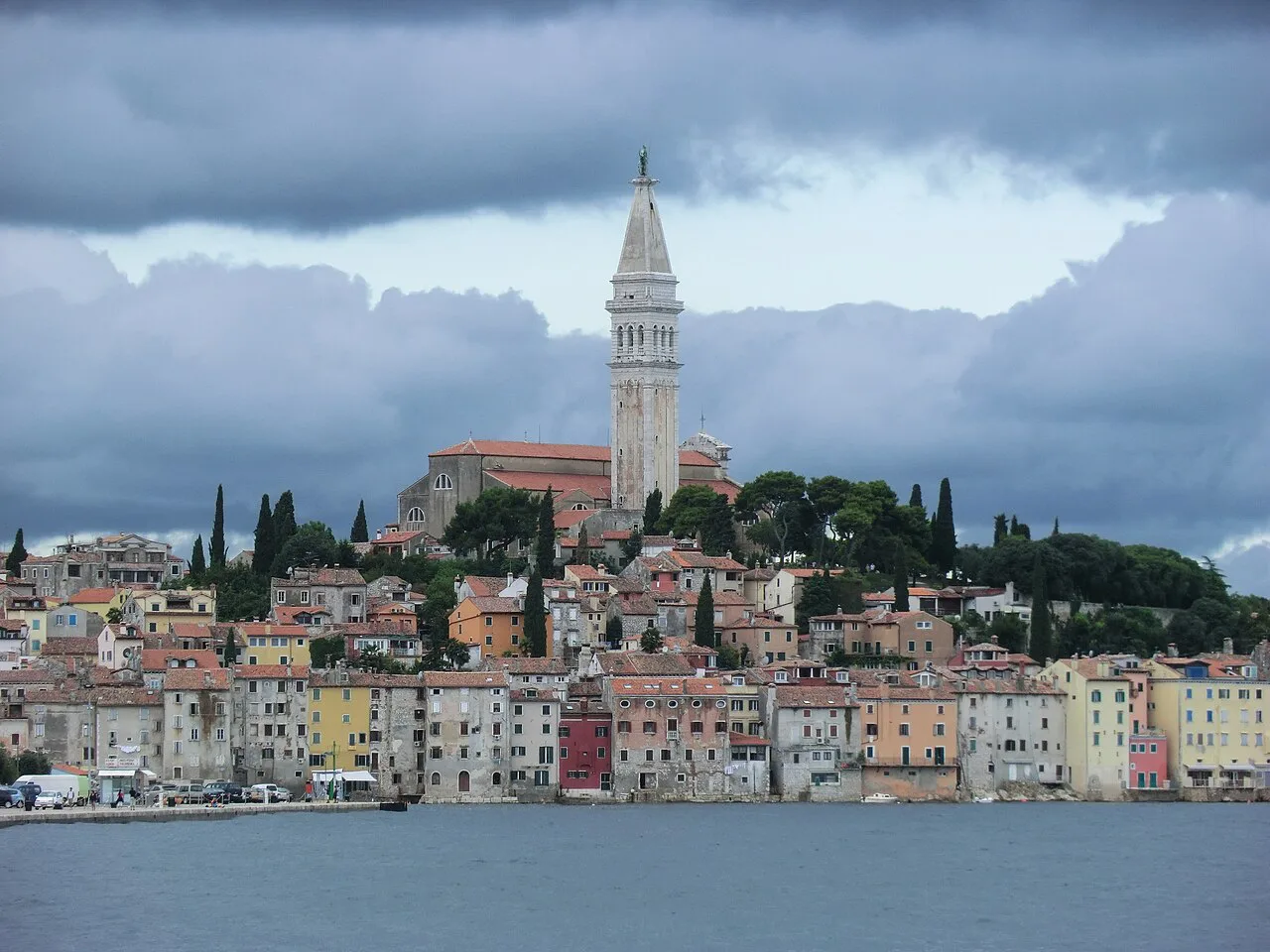 The old town of Rovinj with its church bell tower rising above the waterfront.