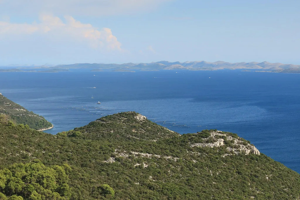 Wooded hills on Ugljan with distant islands across the sea, Zadar