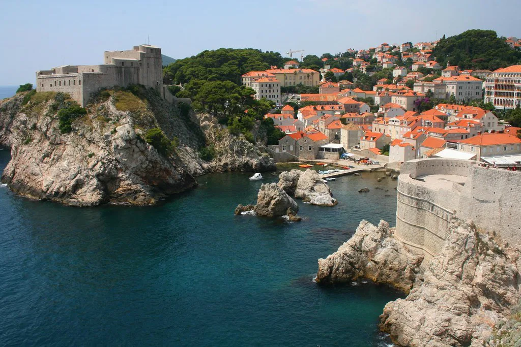 Dubrovnik's city walls and fortress on rocks above the Adriatic, Croatia