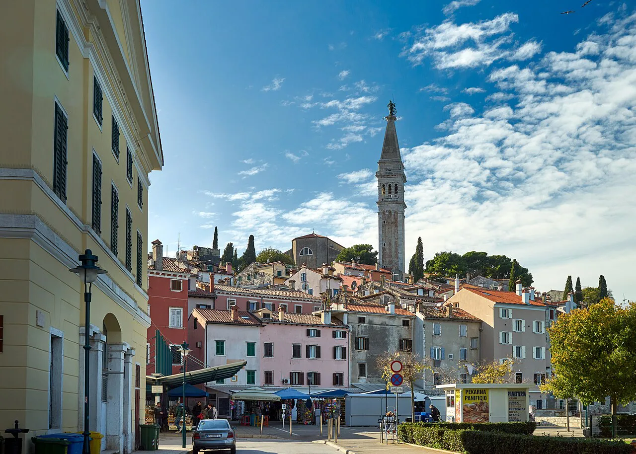 The bell tower of St Euphemia's Cathedral seen from the Valdibora pier in Rovinj