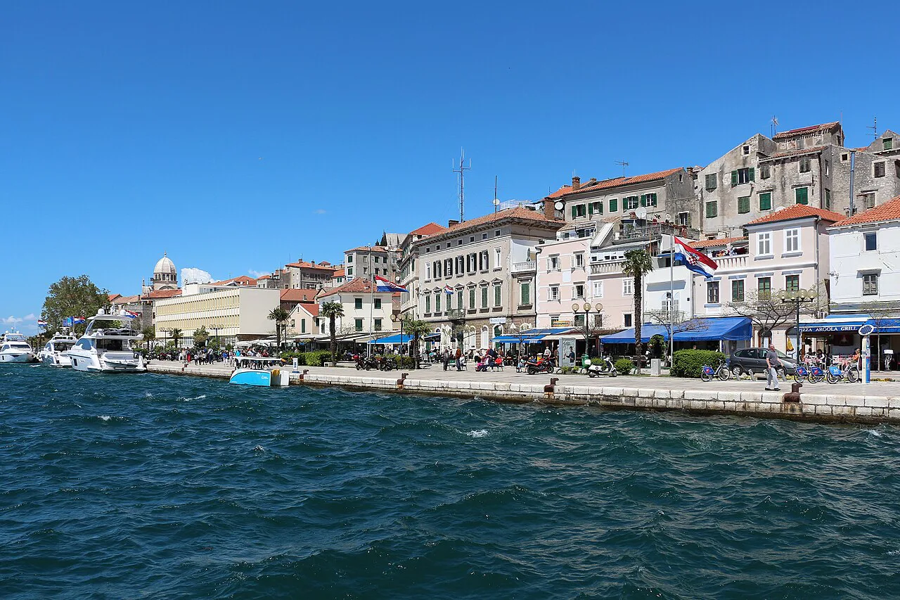 The waterfront and old town of Šibenik seen from the sea.