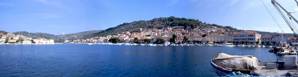 A wide view across the bay to Vela Luka on the island of Korčula