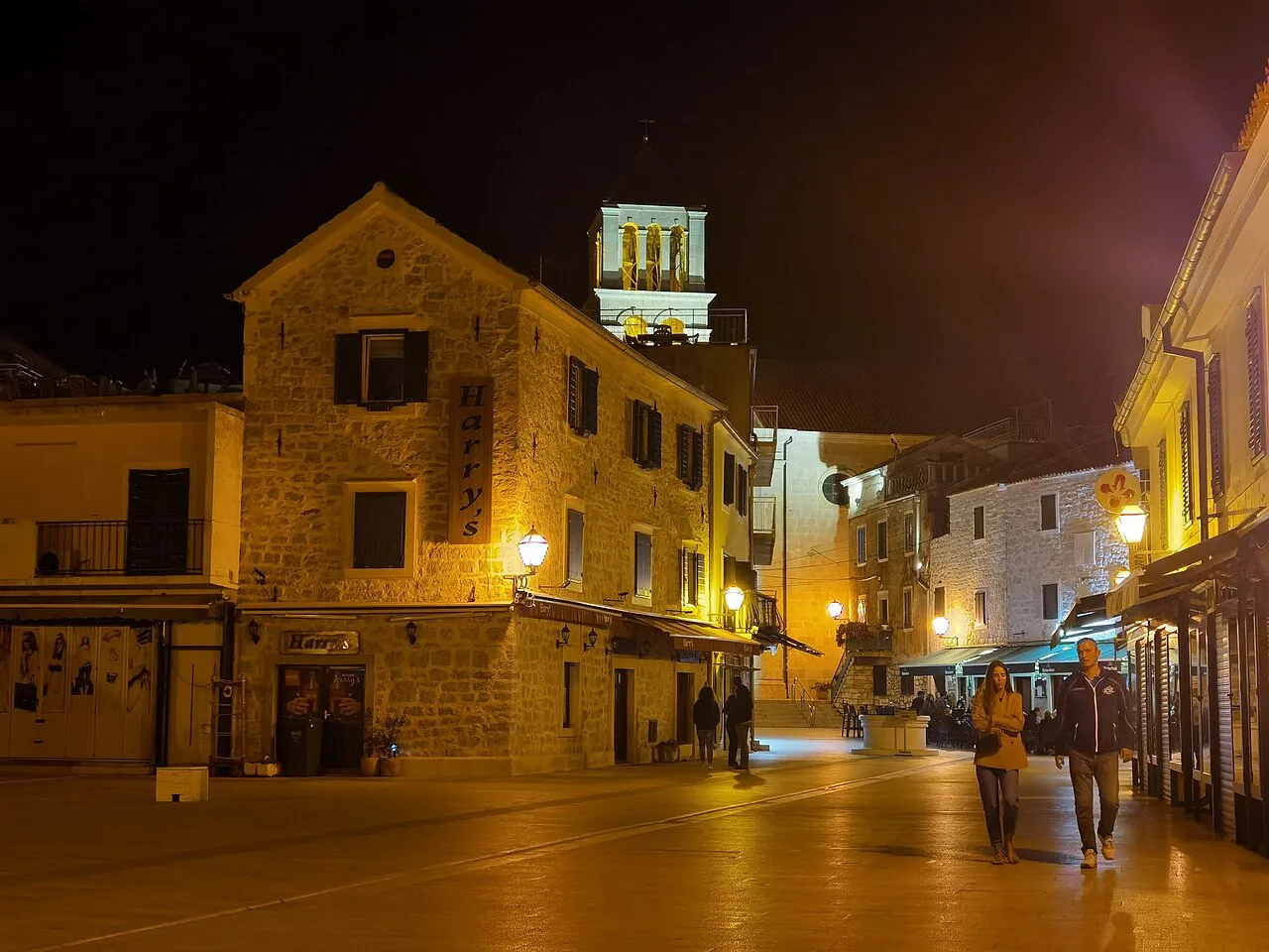 Franjo Tuđman Square in Vodice lit up at night, Dalmatia