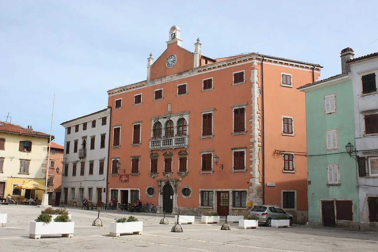 The town hall and coloured facades on Narodni trg in Vodnjan, Istria