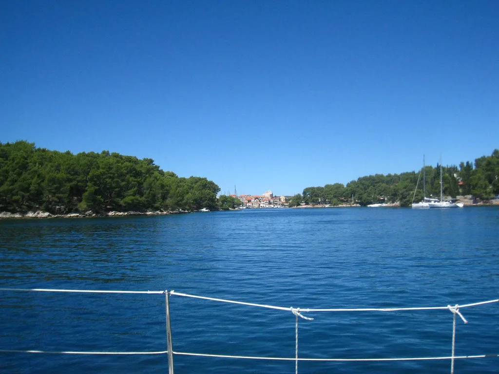 The wooded shore of Vrboska seen from a boat, Hvar