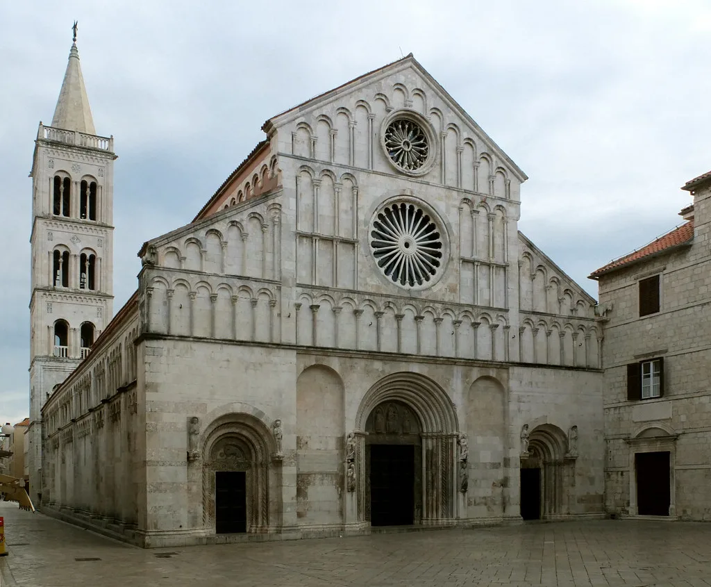 The Romanesque facade and bell tower of the Cathedral of St Anastasia in Zadar