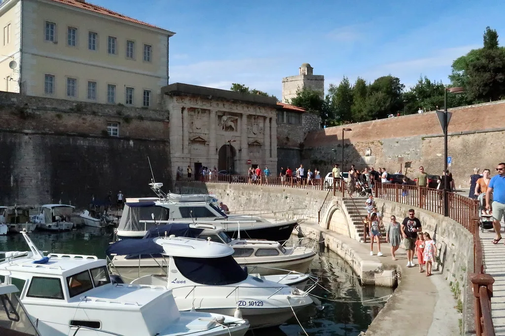 The Foša harbour below Zadar's city walls, with the Land Gate behind, Zadar