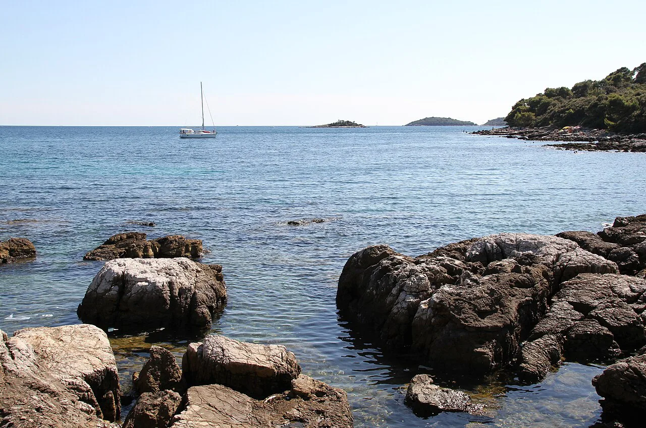 A rocky shoreline and small islands on the coast south of Rovinj